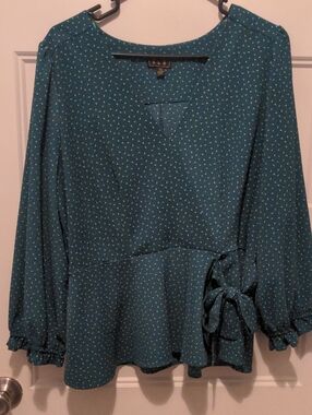 OLM Dark Teal Micro Dot Peplum Wrap Top XL